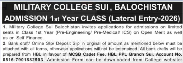 Military College Sui MCSB 1st Year Admissions 2026