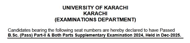 Karachi University BSc Pass Part II Supply Result 2024