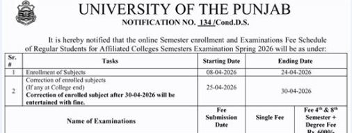 Punjab University Exams Fee Schedule Spring 2026