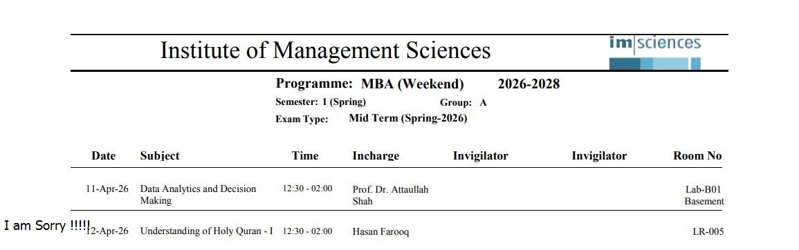 IMS Date Sheet 2026 Released for Mid Term Spring Exams