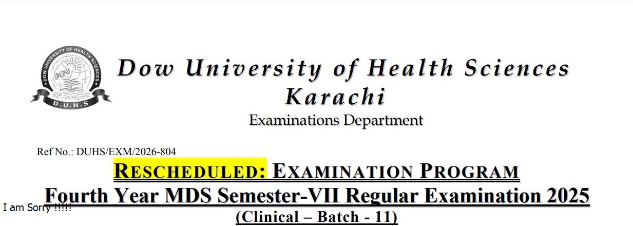 DUHS Date Sheet 2026 for MDS Semester VII Exams Announced