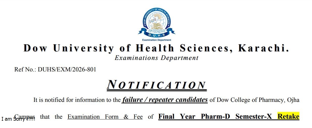 DUHS Exam Form & Fee Notice 2026 for PharmD Retake Announced