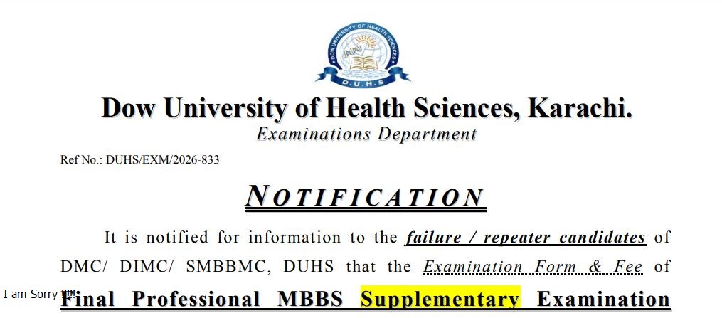 DUHS MBBS Supplementary Exam Form Notice 2026 Released