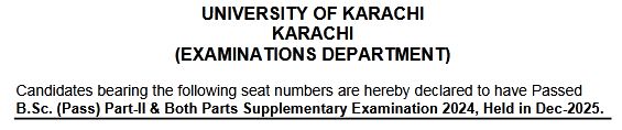 University of Karachi BSc Part 1 and 2 Results 2026