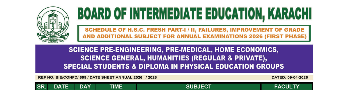BIEK Karachi HSC Annual Exams 2026 Date Sheet
