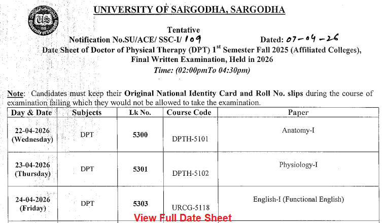UoS DPT 1st Semester Fall Final Written Exams 2026 Date Sheet