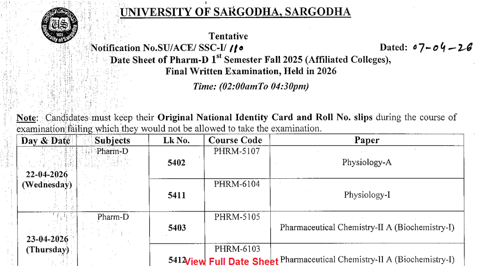 UoS PharmD 1st Semester Fall Final Written Exams 2026 Date Sheet