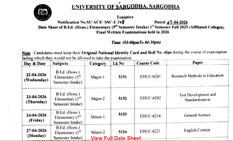 UoS B.Ed General 1st Semester Fall Final Written Exams 2026 Date Sheet
