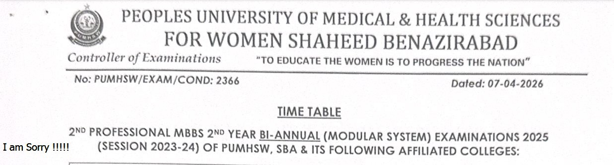 PUMHS Time Table 2026 Announced for MBBS All Professional Exams