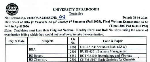 Sargodha University BS 5th Semester Date Sheet 2026