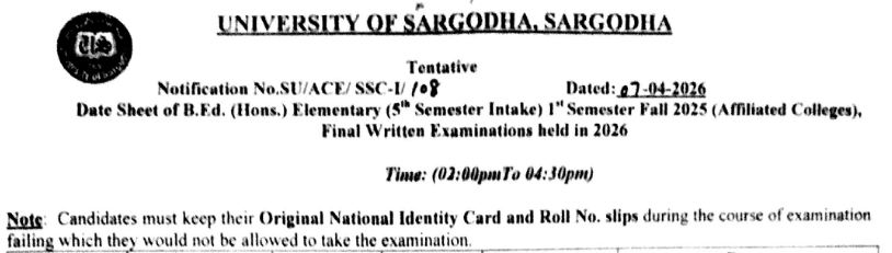 Sargodha University BEd Hons 5th Semester Date Sheet 2026