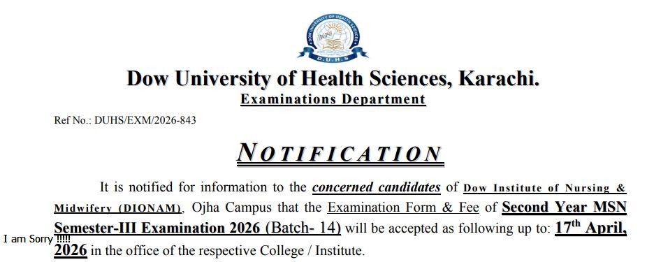 DUHS Examination Form & Fee Notice 2026 for MSN Semester III Announced