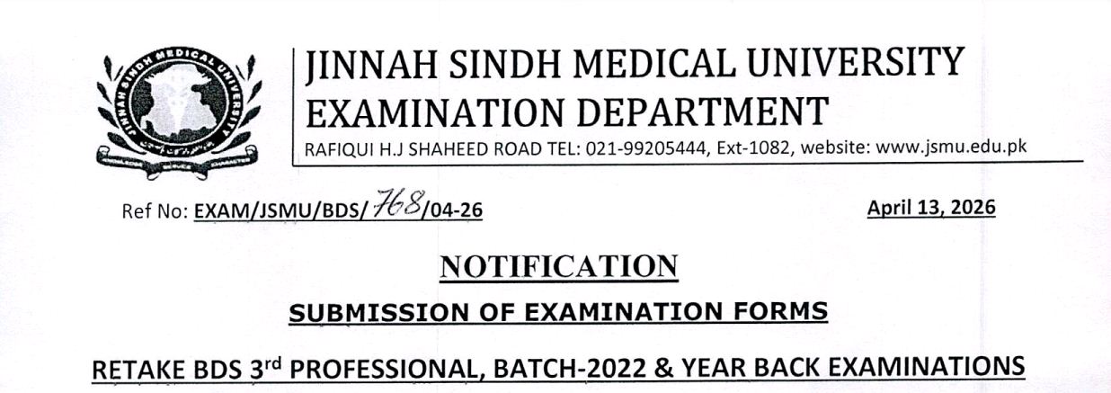 JSMU Exam Form Submission Notice 2026 BDS 3rd Prof Retake Exams Released