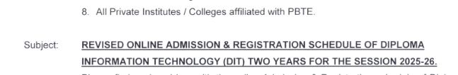 PBTE Revised DIT Admission and Registration Schedule 2026