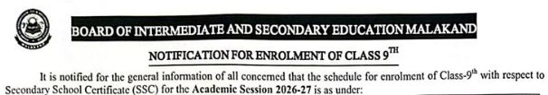 BISE Malakand 9th Class Enrolment Schedule 2026-27