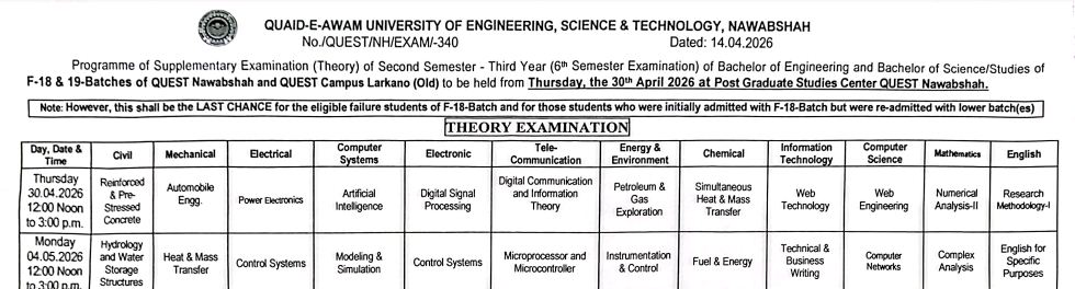 QUEST Date Sheet 2026 Released for BE & BS Supplementary Exams