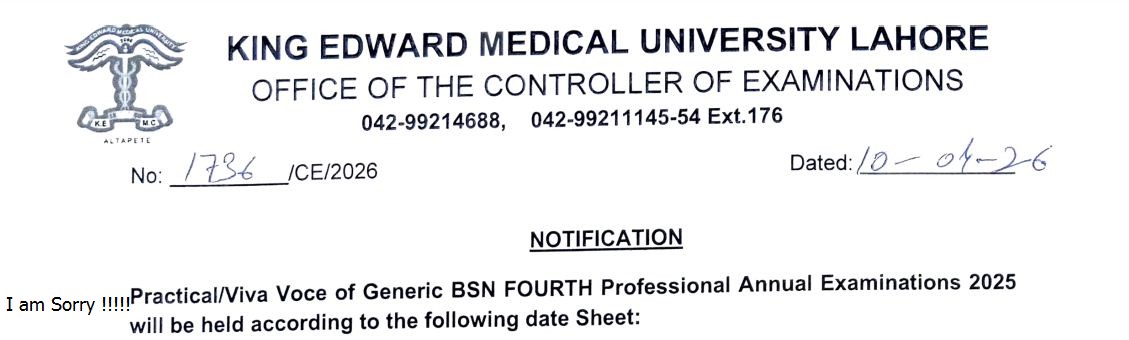 KEMU Date Sheet 2026 Released for BSN 4th Professional Exams