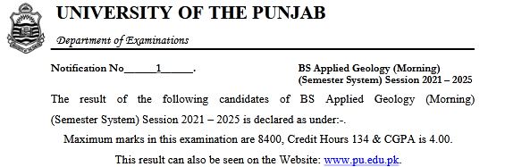 PU BS Applied Geology Result Out Check Pass Rate