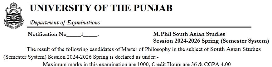 Punjab University South Asian Studies Result Update
