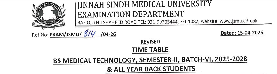 JSMU Announces BS Medical Technology Exams Time Table 2026
