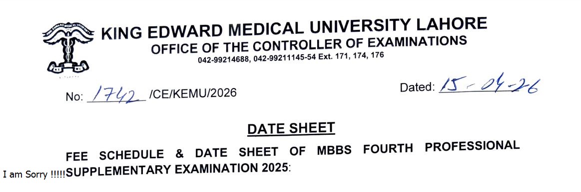 KEMU MBBS 4th Prof Supplementary Fee Schedule & Date Sheet 2026 Released