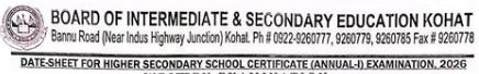 BISE Kohat HSSC Annual Exam Date Sheet 2026 Released