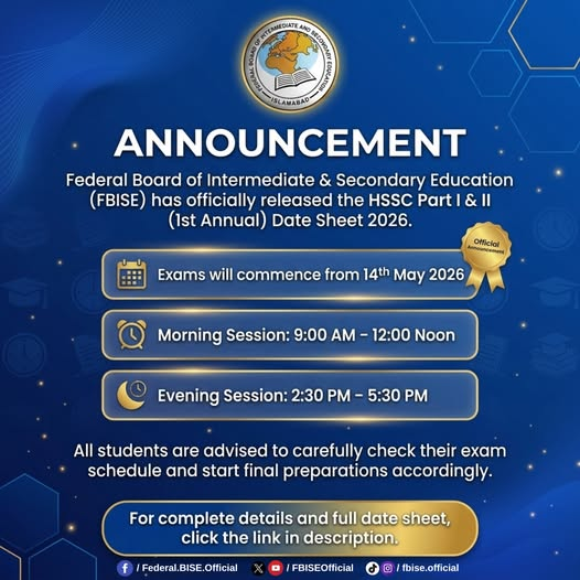 FBISE HSSC 1st Annual Exam Date Sheet 2026 Released FBISE HSSC 1st Annual Exam Date Sheet 2026 Released