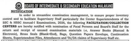 Malakand Board SSC HSSC Exam Centers List 2026