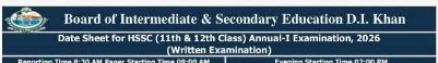 BISE DI Khan Inter Date Sheet 2026 Release Details
