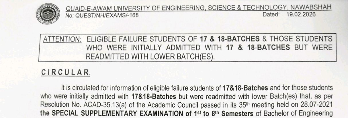 QUEST Exam & Fee Notice 2026 For BE & BS Students Released