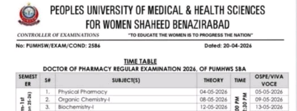 PUMHS Time Table for DPT Regular Exams 2026 Announced