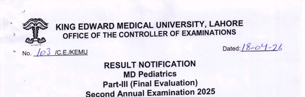 KEMU Reuslt 2026 Announced for MD Pediatrics Final Evaluation Exams