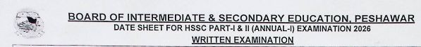 BISE Peshawar 11th & 12th Class Date Sheet 2026