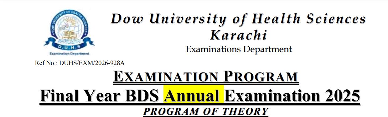 DUHS Exam Schedule 2026 Announced for Final Year BDS Annual Exams