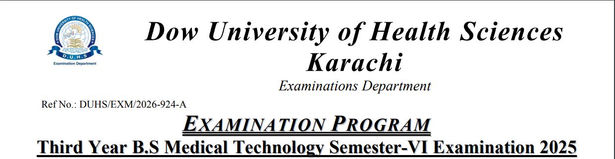 DUHS Date Sheet 2026 Announced for 3rd Year BSMT Semester VI Exams