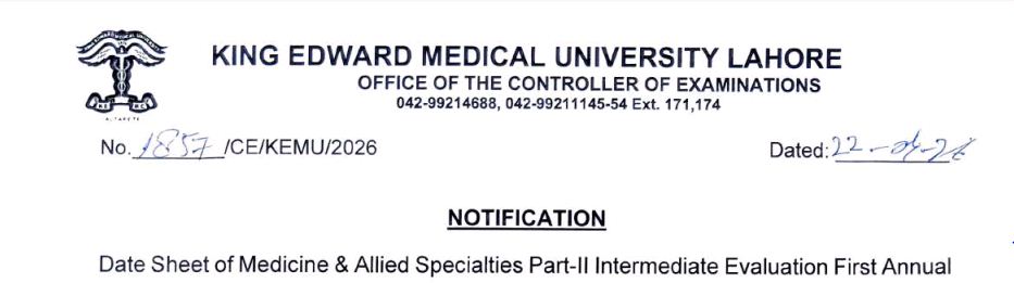 KEMU Date Sheet 2026 Released for Specialities Exams