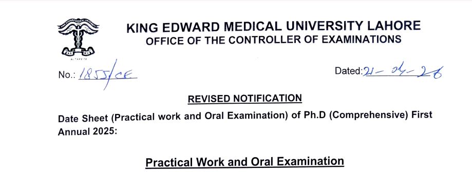 KEMU Date Sheet 2026 for PhD Comprehensive Exams Released
