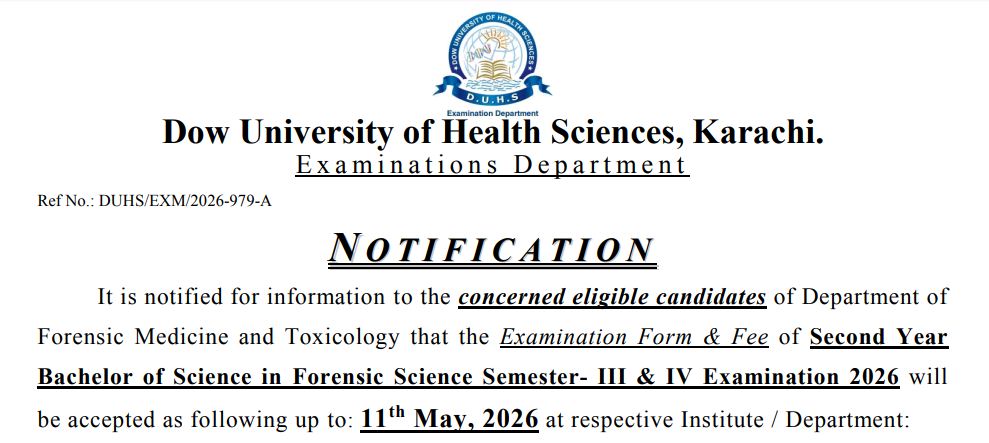 DUHS Examination Form & Fee Notice 2026 for BS Forensic Science Announced