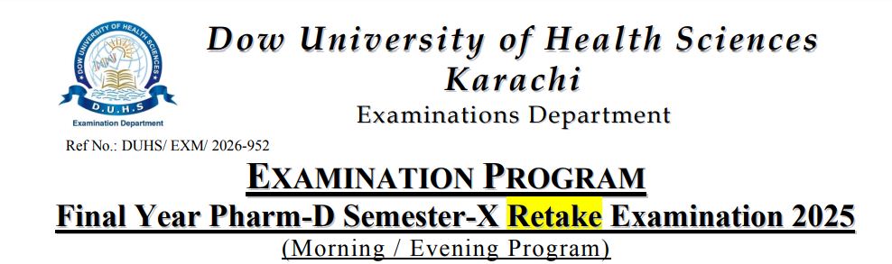 DUHS Date Sheet 2026 for PharmD Final Year Retake Exams Announced