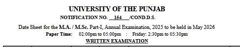 PU MA & MSc Part 1 Annual Exams Date Sheet 2025