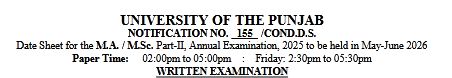 PU MA & MSc Part 2 Annual Exams 2025 Date Sheet