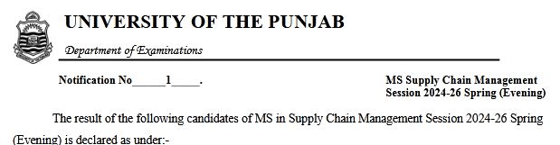 PU MS Supply Chain Management Spring Semester Exams 2024-26 Result