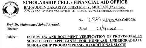 BZU Honhaar UG Scholarship 2026 Interview & Document Verification