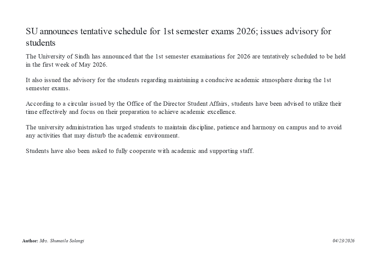 USindh Tentative Exam Schedule 2026 for 1st Semester Announced