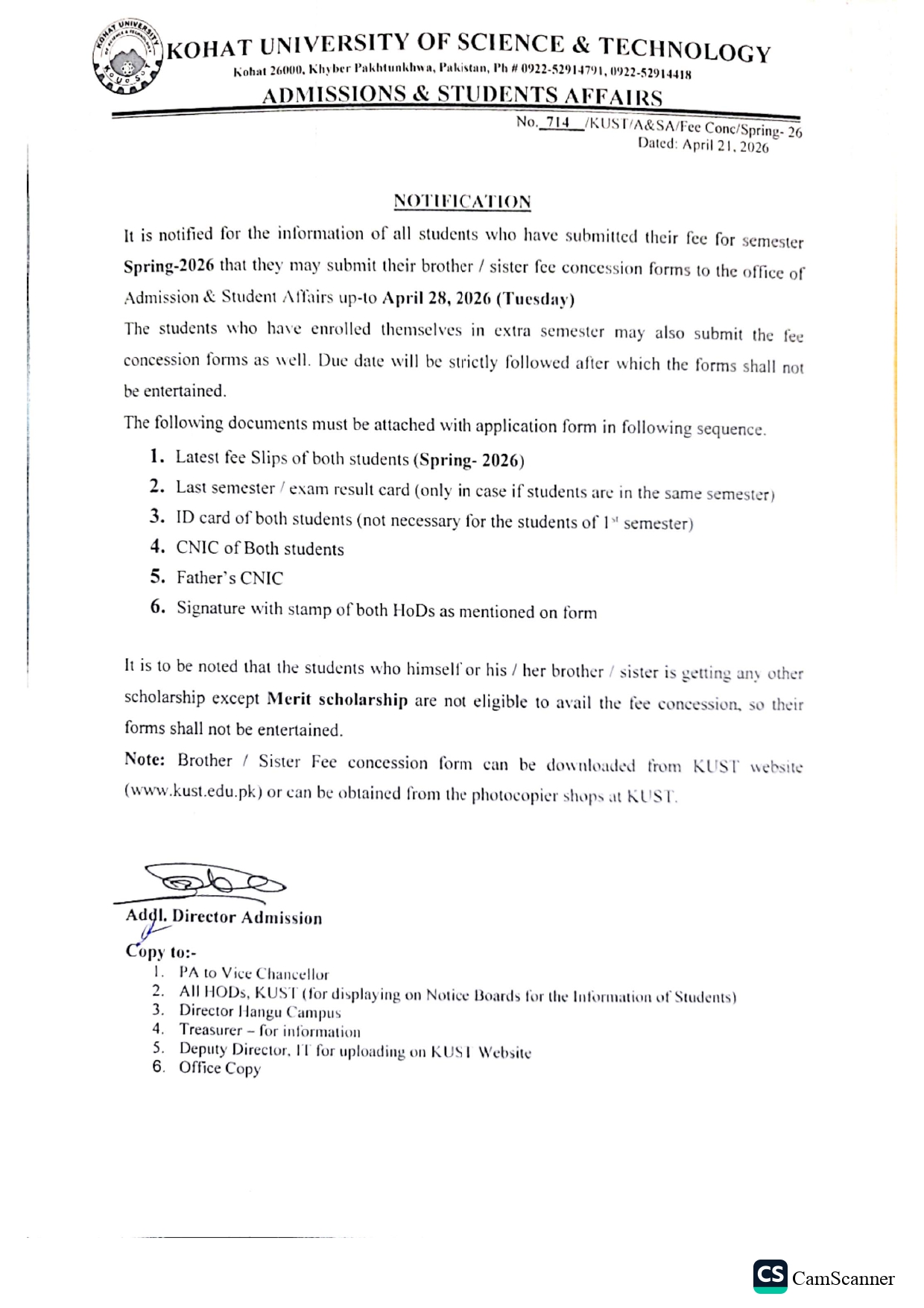 KUST Releases Brother Sister Fee Concession Forms Notice 2026