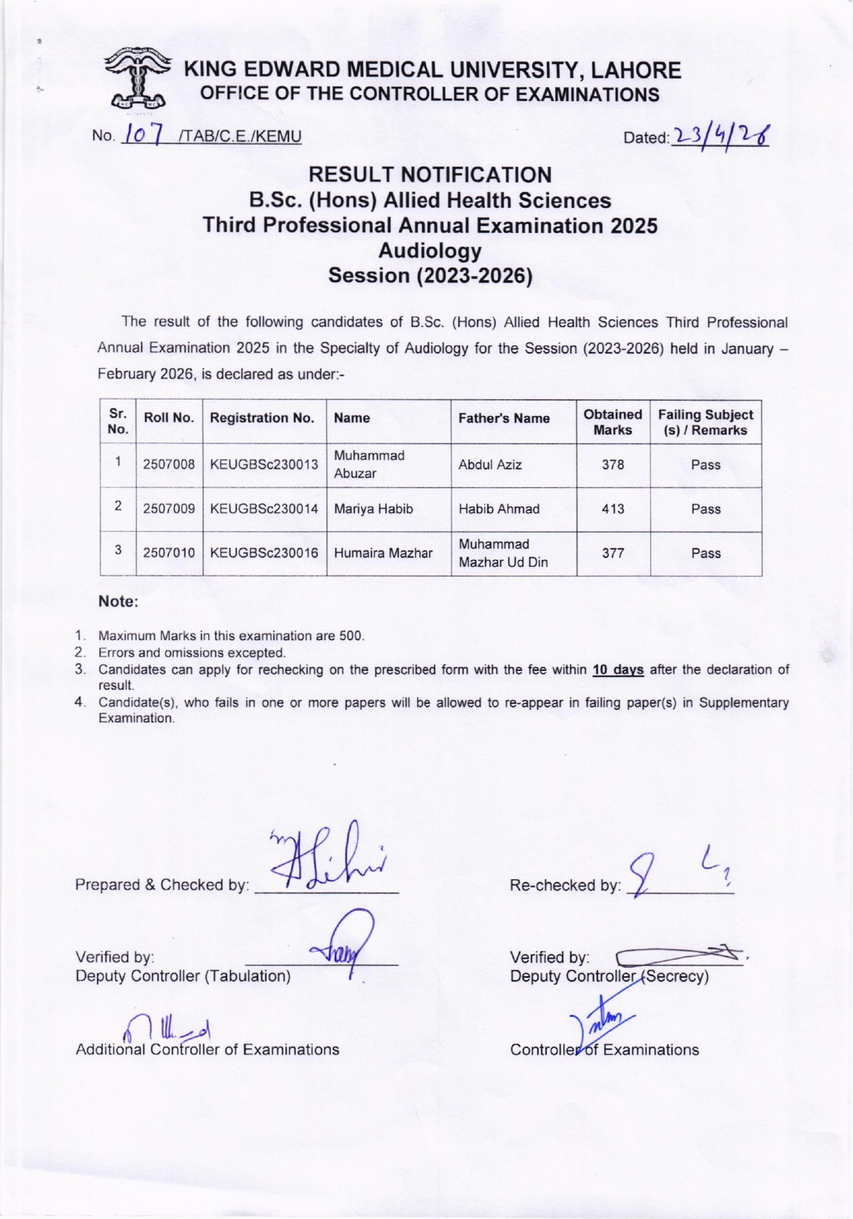 KEMU Result 2026 Announced for BSc Hons AHS 3rd Professional Exams