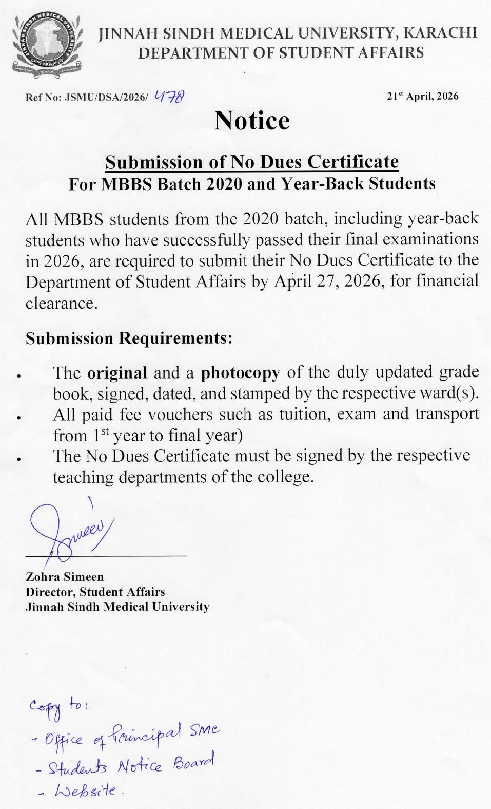 JSMU No Dues Certificate Submission Notice 2026 for MBBS Students Released