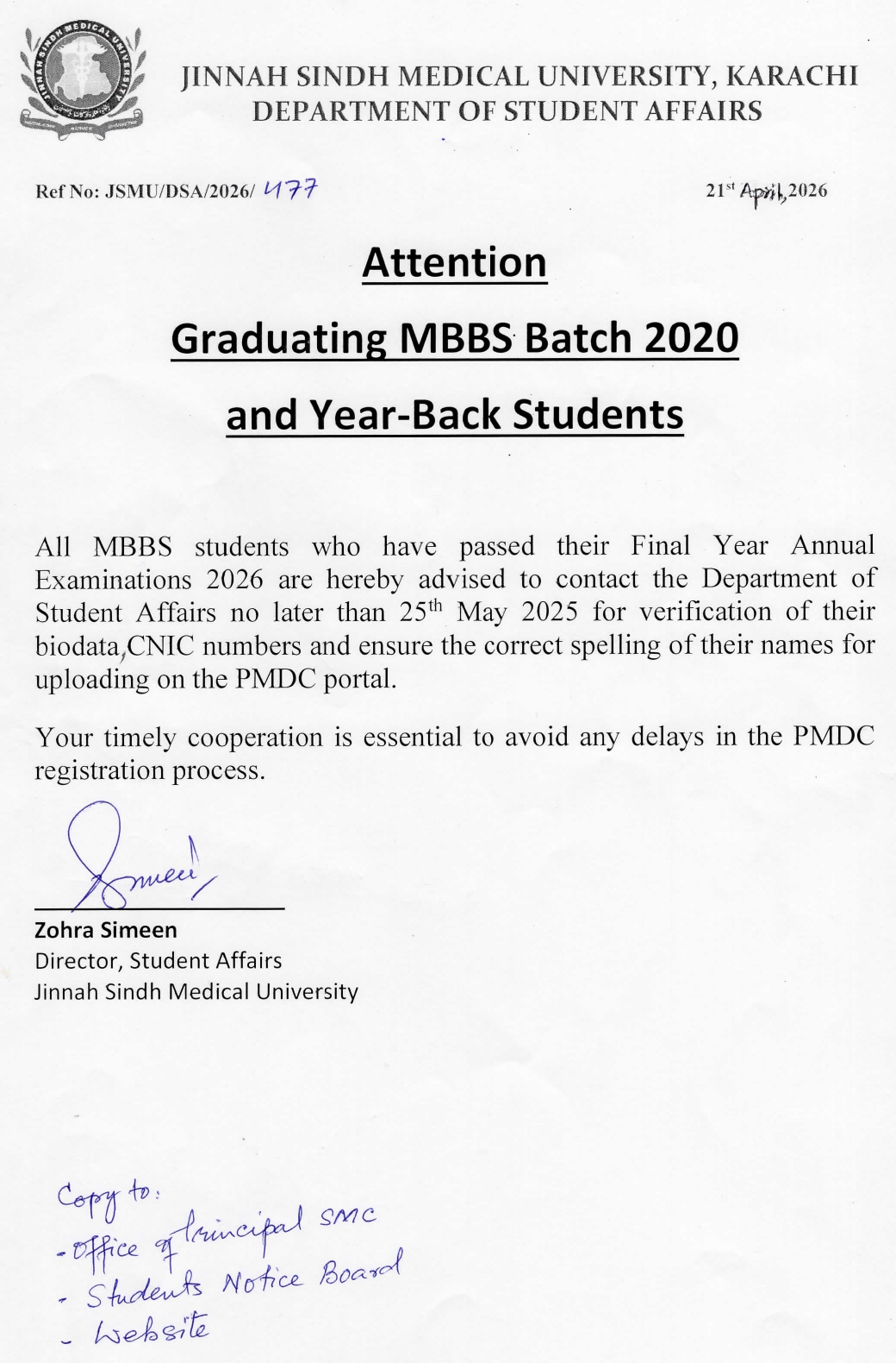 JSMU Student Data Verification Notice 2026 for MBBS Graduates Released