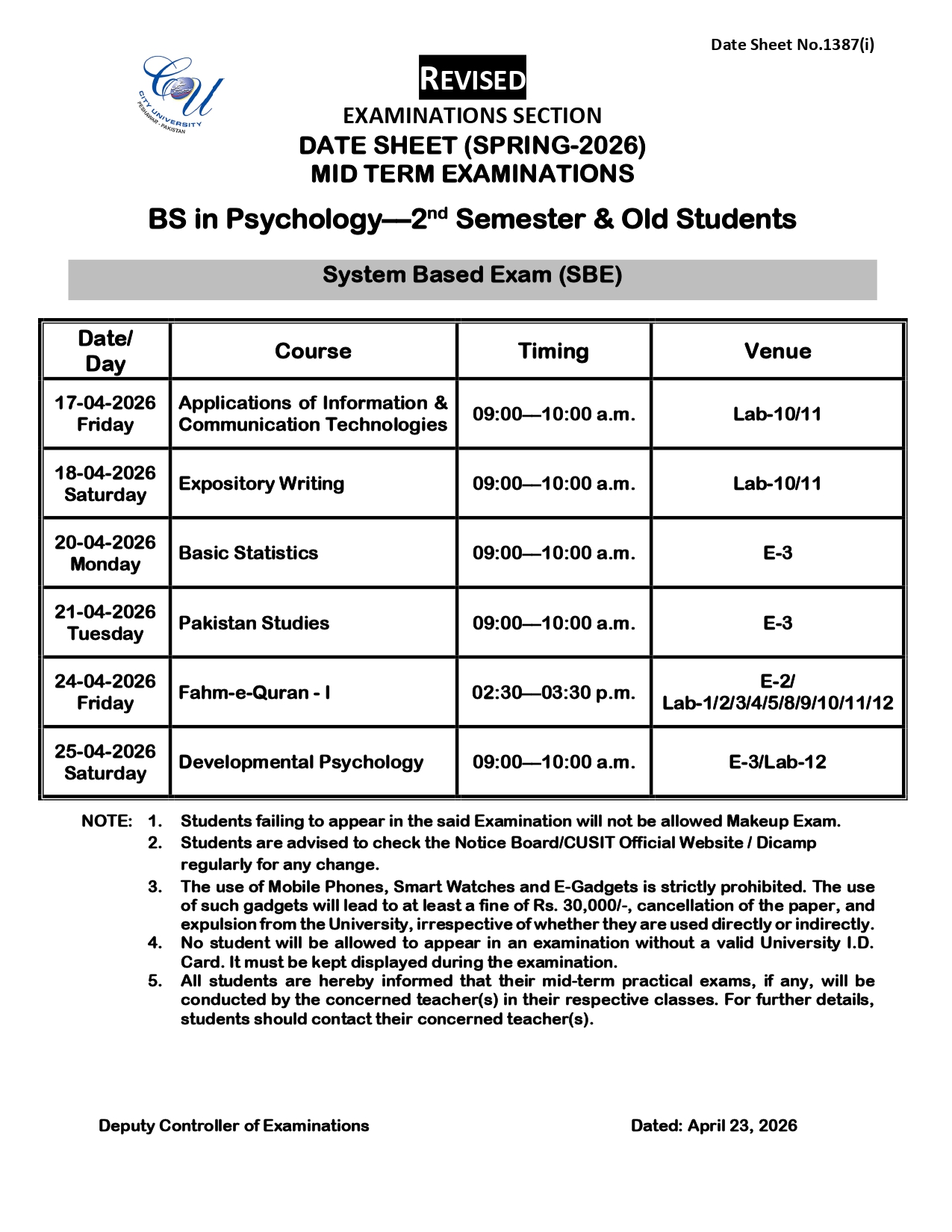 CUSIT Date Sheet 2026 Released for BS Psychology Mid Term Exams