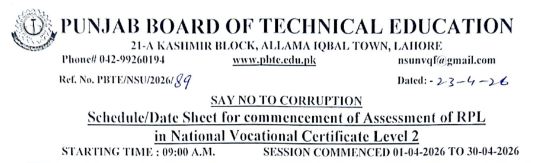 PBTE Timeline for RPL Assessment 2026 under National Vocational Certificate